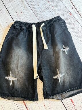 Black Distressed Denim Bermuda Shorts Size L Drawstring Elastic Waist Ripped Lon